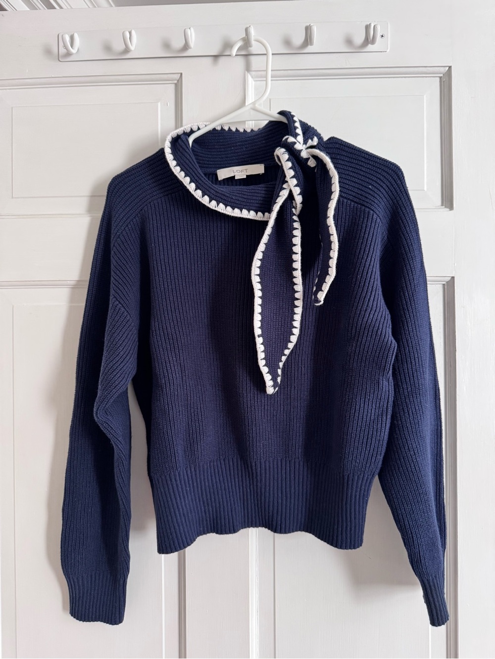 LOFT Navy Sweater with White Trim Neck Tie